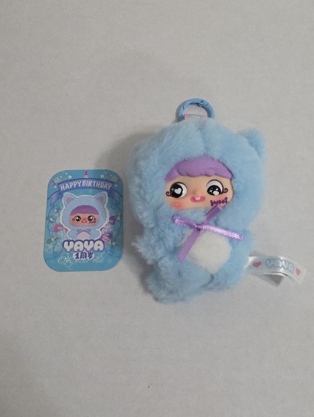 YAYA First Birthday Plush Blue Doll Keychain - Cute Cozy Pocket Toy